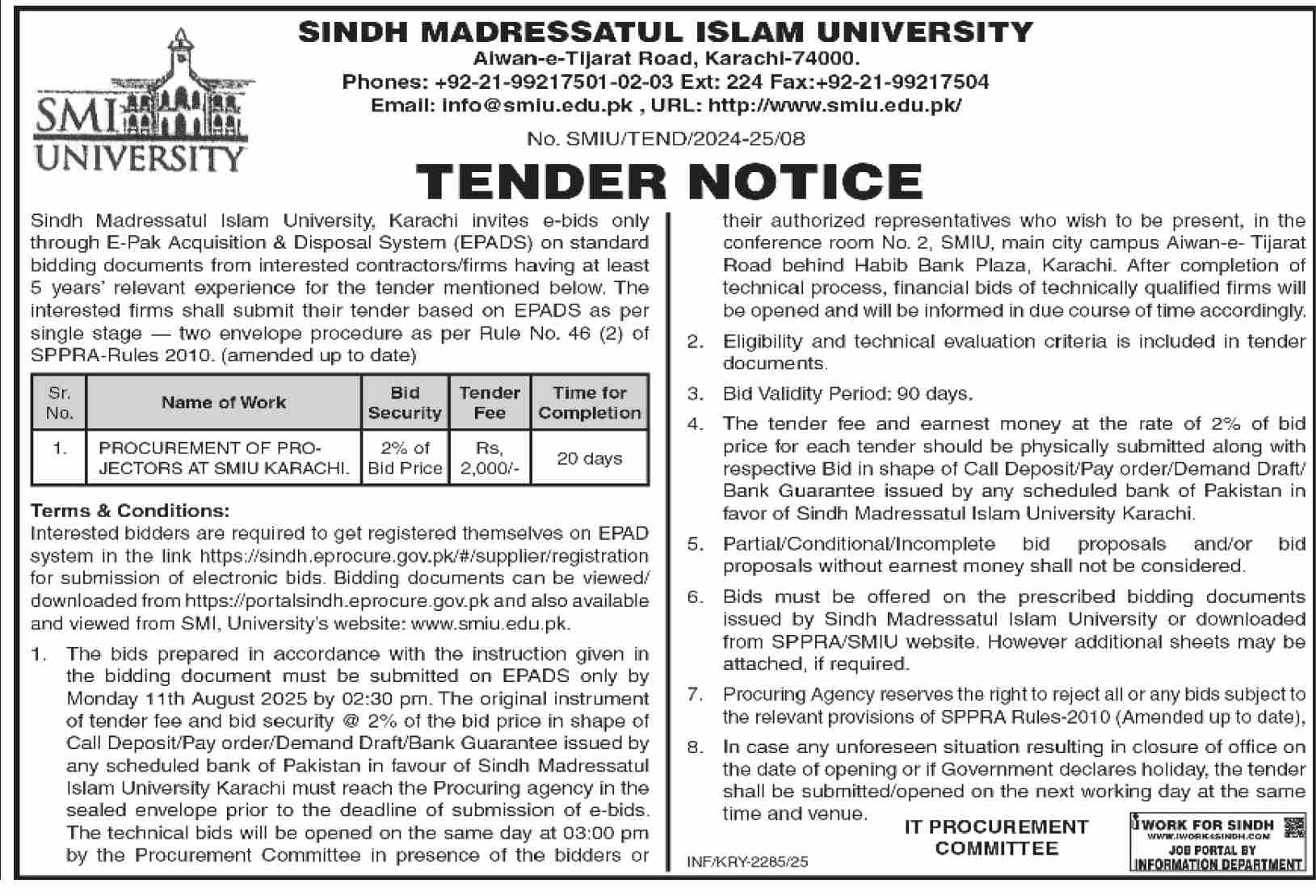 Sindh Madressatul Islam University Karachi Tender Notice